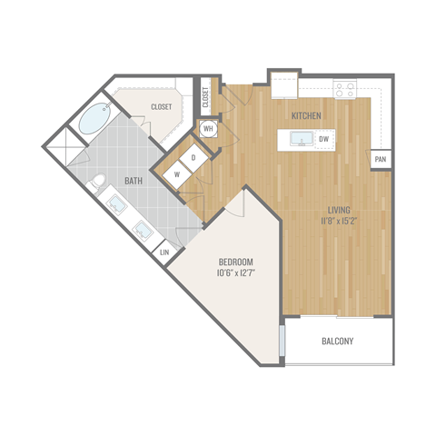 Floor plan for 1 bed, 1 bath, 875 sqft